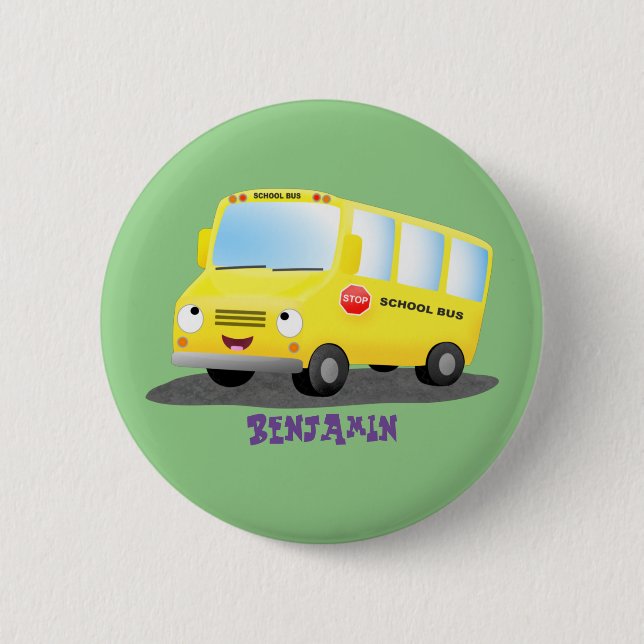 Cute happy yellow school bus cartoon button (Vorderseite)
