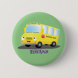 Cute happy yellow school bus cartoon button