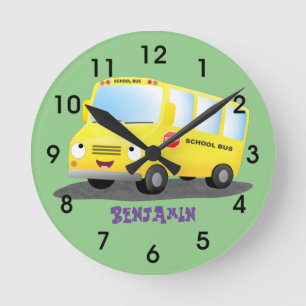 Cute happy yellow school bus cartoon runde wanduhr