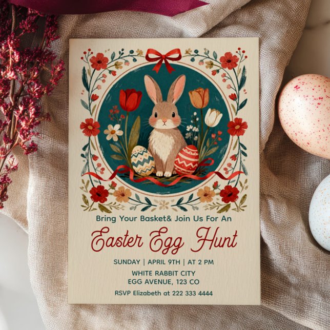 Cute Hare with Eggs Floral Easter Egg Hunt  Einladung (Von Creator hochgeladen)