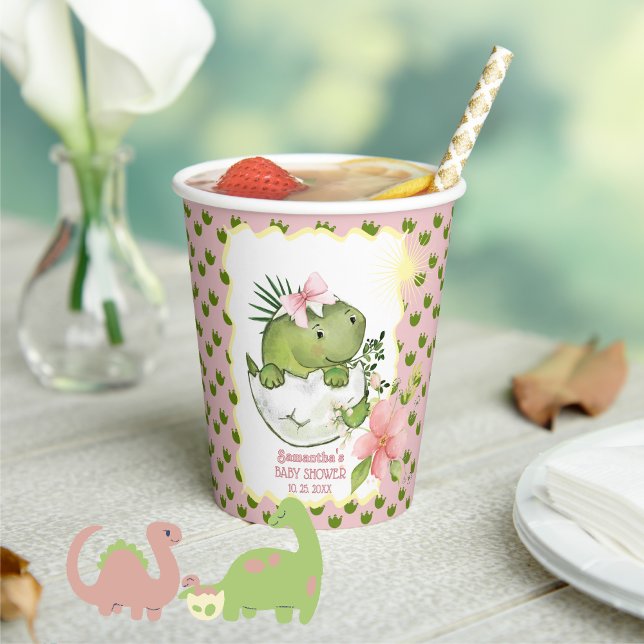 Cute Hatching Dino Girl Baby Shower Paper Cups Pappbecher (Cute Hatching Dino Girl Baby Shower Paper Cups)