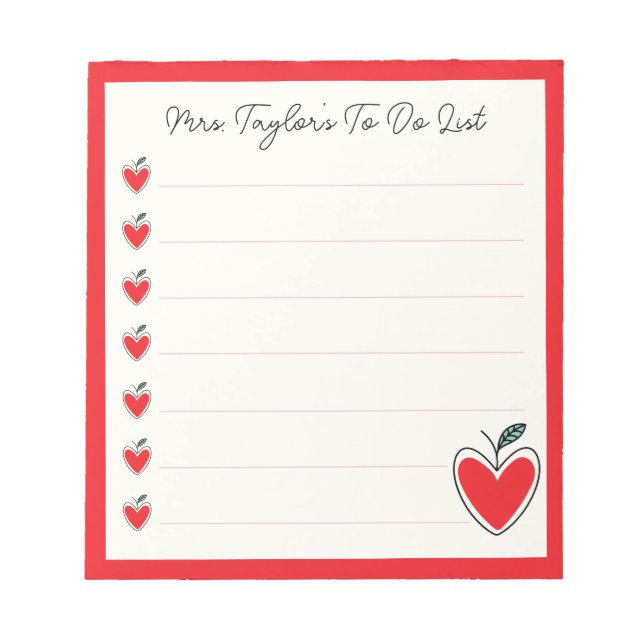Cute Heart Apple Teacher To Do List Valentine Gift Notizblock (Vorderseite)