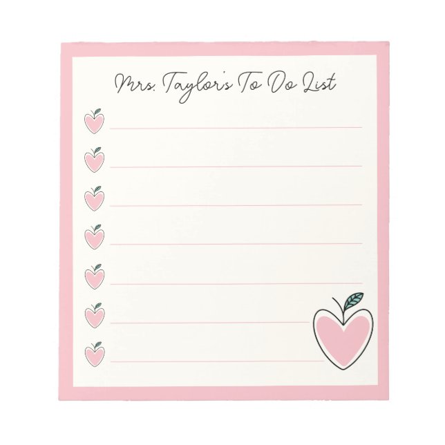 Cute Heart Apple Teacher To Do List Valentine Gift Notizblock (Vorderseite)
