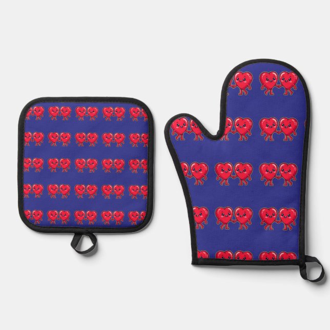 Cute Heart Characters Holding Hands Ofenhandschuh & Topflappen-Set (Vorderseite)