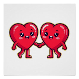 Cute Heart Characters Holding Hands Poster