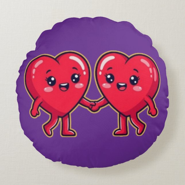 Cute Heart Characters Holding Hands Rundes Kissen (Vorderseite)