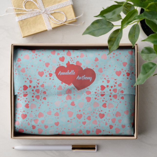 Cute Heart Pattern Aqua & Pink Red Name Seidenpapier (Geschenk)