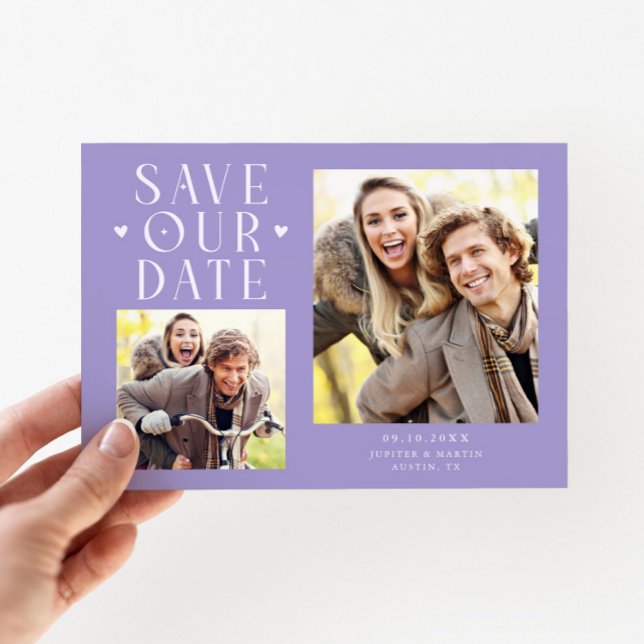 Cute Hearts 2-Photo Lilac Wedding Save The Date (Von Creator hochgeladen)