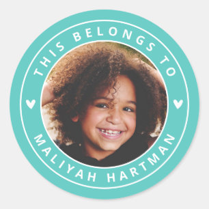 Cute Hearts Circle Frame Photo Name School Aqua Runder Aufkleber