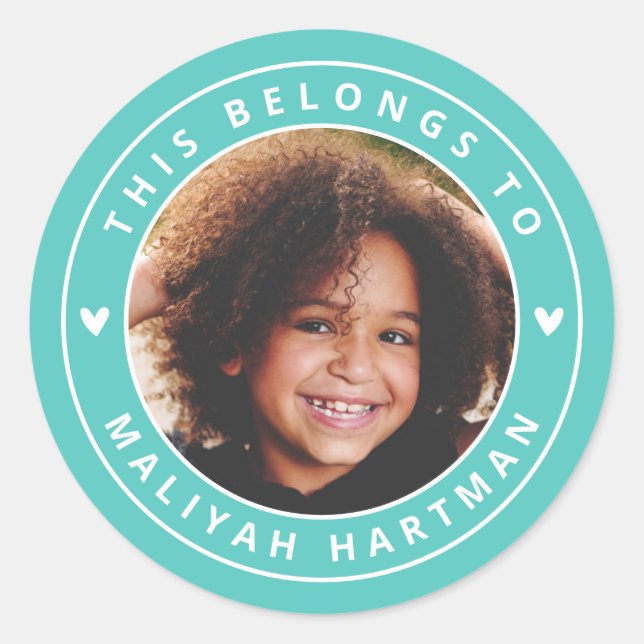 Cute Hearts Circle Frame Photo Name School Aqua Runder Aufkleber (Vorderseite)