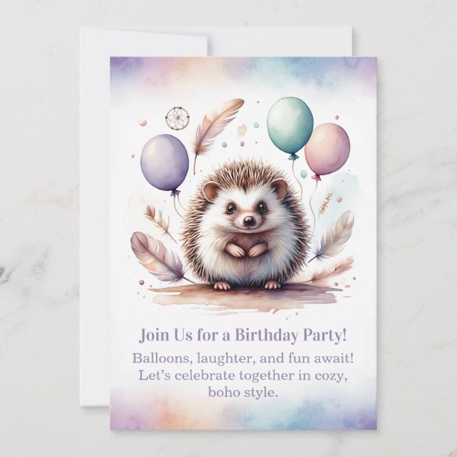 Cute Hedgehog Birthday Invitation – Woodland Boho  Einladung (Vorderseite)
