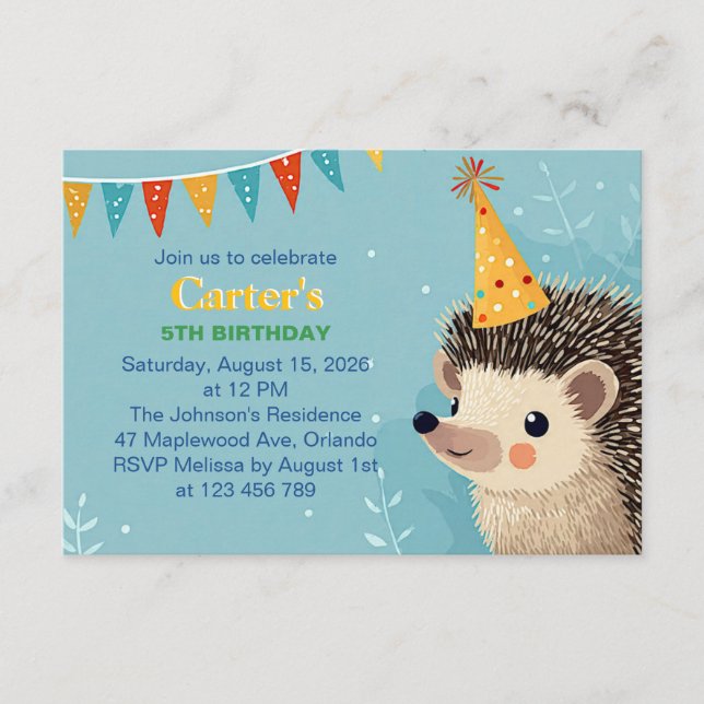 Cute Hedgehog Birthday Party Invitation Begleitkarte (Vorderseite)