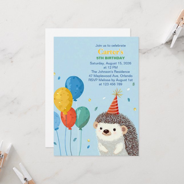 Cute Hedgehog Birthday Party Invitation Einladung (Vorderseite/Rückseite Beispiel)