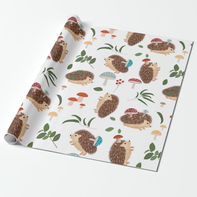 Cute Hedgehog Mushrooms Woodland Forest Animal Geschenkpapier (Ungerollt)