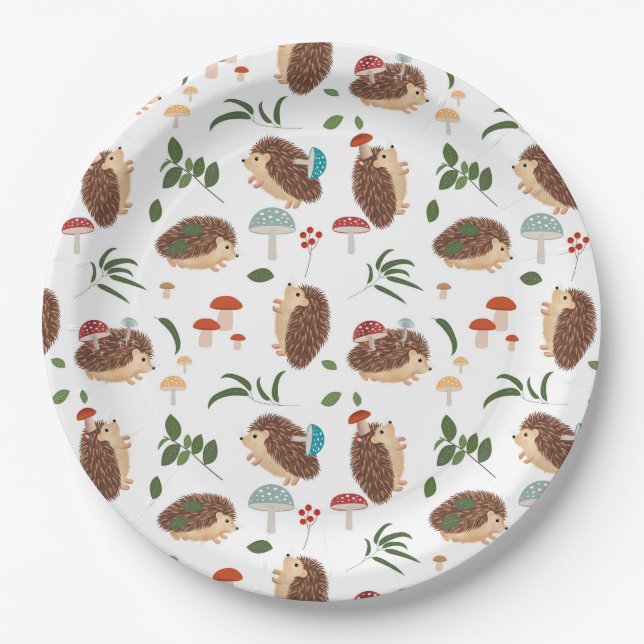Cute Hedgehog Mushrooms Woodland Forest Animal Pappteller (Vorderseite)