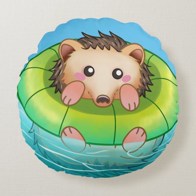 cute hedgehog swimming  rundes kissen (Vorderseite)