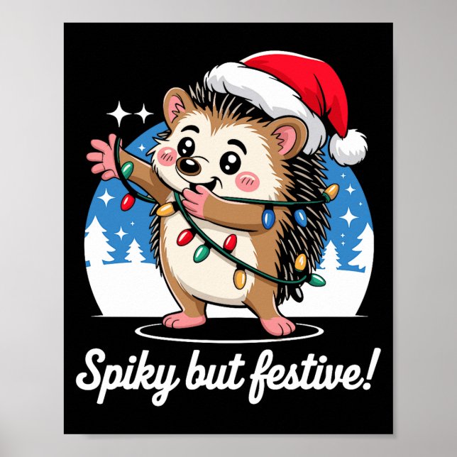Cute Hedgehog With Santa Hat Christmas Lights Wint Poster (Vorne)