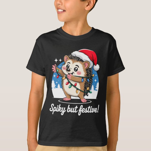 Cute Hedgehog With Santa Hat Christmas Lights Wint T-Shirt (Vorderseite)