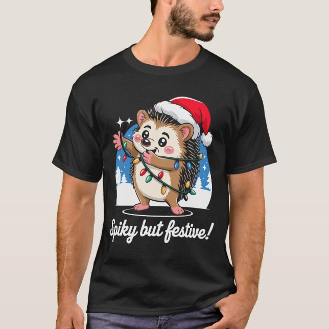 Cute Hedgehog With Santa Hat Christmas Lights Wint T-Shirt (Vorderseite)