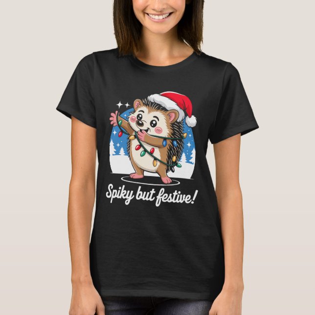 Cute Hedgehog With Santa Hat Christmas Lights Wint T-Shirt (Vorderseite)