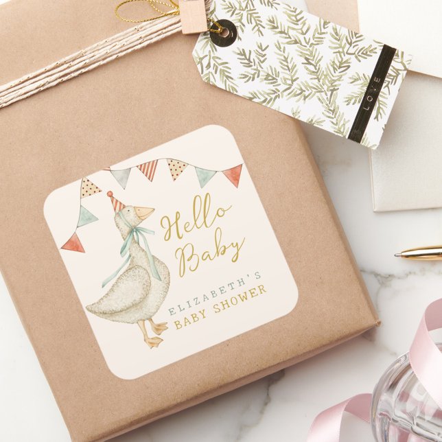 Cute Hello Baby Duck Baby Shower  Quadratischer Aufkleber (Von Creator hochgeladen)