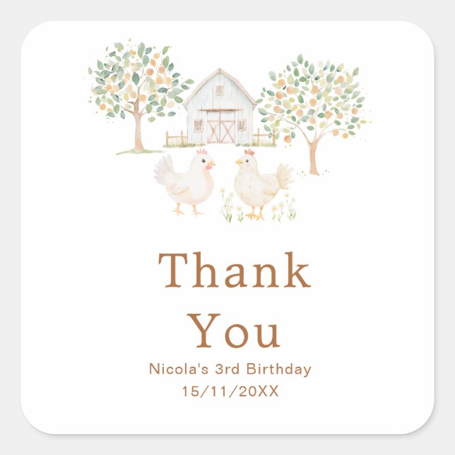 Cute Hens Farm Barn Birthday Party Quadratischer Aufkleber (Vorderseite)