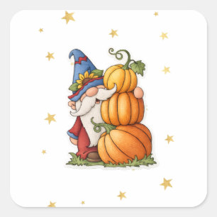Cute Herbst-Gnom & gestapelte Kürbisse Kaffee Quadratischer Aufkleber