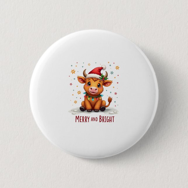 Cute Highland Baby Cow Christmas Lights Merry & Br Button (Vorderseite)