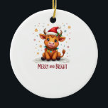 Cute Highland Baby Cow Christmas Lights Merry & Br Keramik Ornament<br><div class="desc">Cute Highland Baby Cow Christmas Lights Merry & Bright Xmas T-Shirt (2)</div>