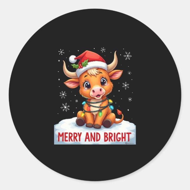 Cute Highland Baby Cow Christmas Lights Merry & Br Runder Aufkleber (Vorderseite)