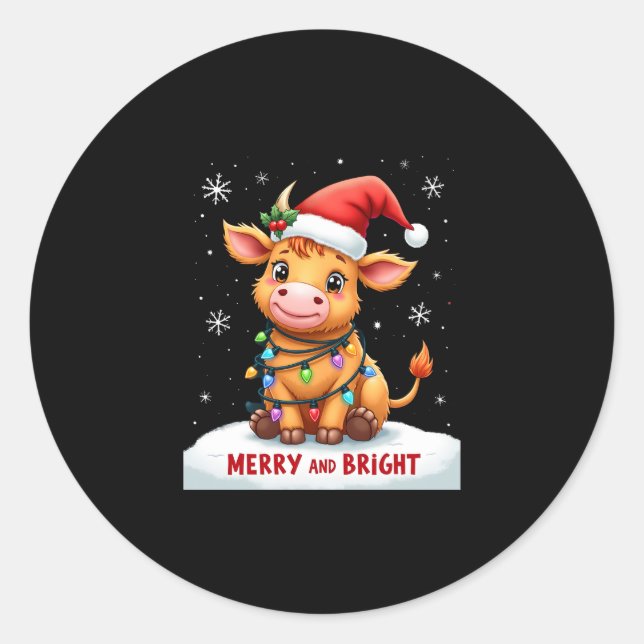 Cute Highland Baby Cow Christmas Lights Merry & Br Runder Aufkleber (Vorderseite)