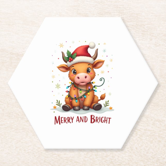 Cute Highland Baby Cow Christmas Lights Merry & Br Untersetzer (Vorderseite)