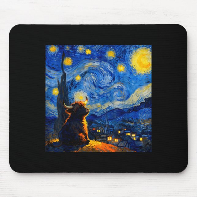 Cute Highland Baby Cow Graphic Van Gogh Style Star Mousepad (Vorne)