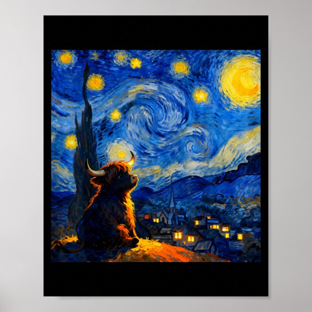 Cute Highland Baby Cow Graphic Van Gogh Style Star Poster (Vorne)