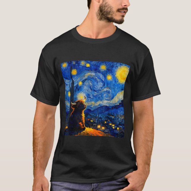 Cute Highland Baby Cow Graphic Van Gogh Style Star T-Shirt (Vorderseite)