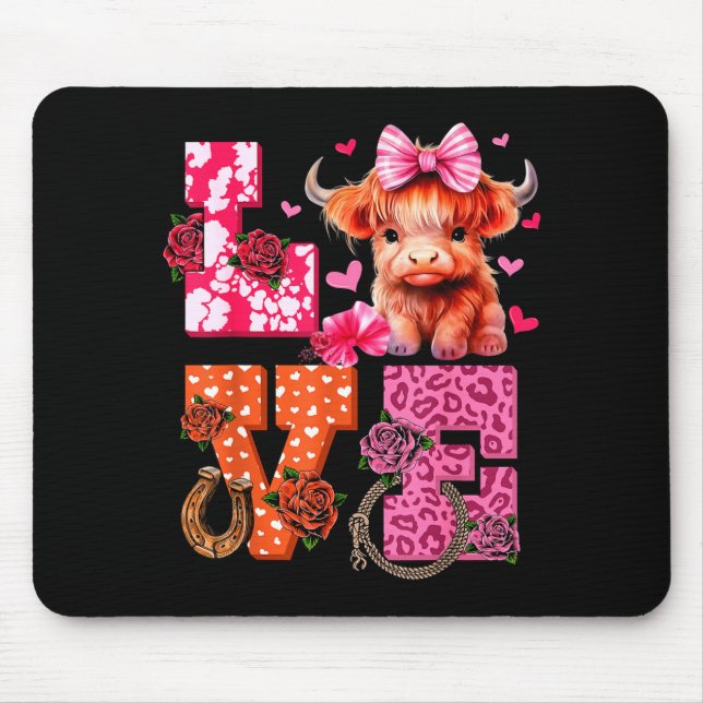 Cute Highland Cow And Nk Heart Valentines Day Love Mousepad (Vorne)