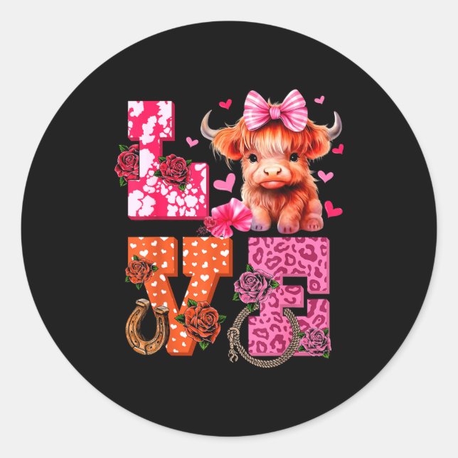 Cute Highland Cow And Nk Heart Valentines Day Love Runder Aufkleber (Vorderseite)