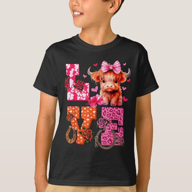 Cute Highland Cow And Nk Heart Valentines Day Love T-Shirt (Vorderseite)
