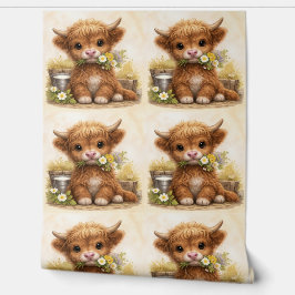 Cute Highland Cow Baby Pattern Wallpaper Tapete