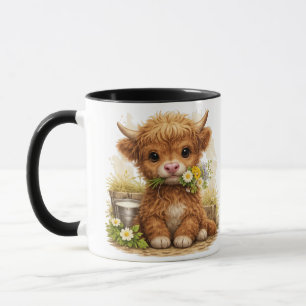 Cute Highland Cow Calf with Flowers Coffee Mug Tasse