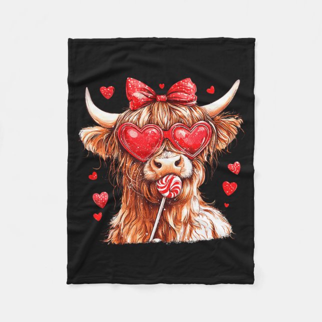 Cute Highland Cow Candy Cane Heart Valentines Day  Fleecedecke (Vorderseite)