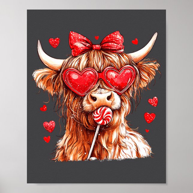 Cute Highland Cow Candy Cane Heart Valentines Day  Poster (Vorne)