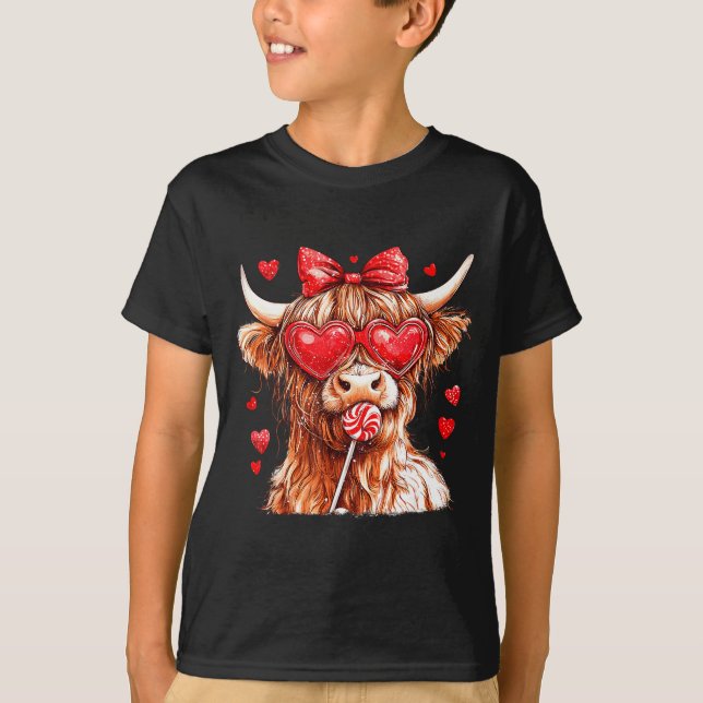 Cute Highland Cow Candy Cane Heart Valentines Day  T-Shirt (Vorderseite)