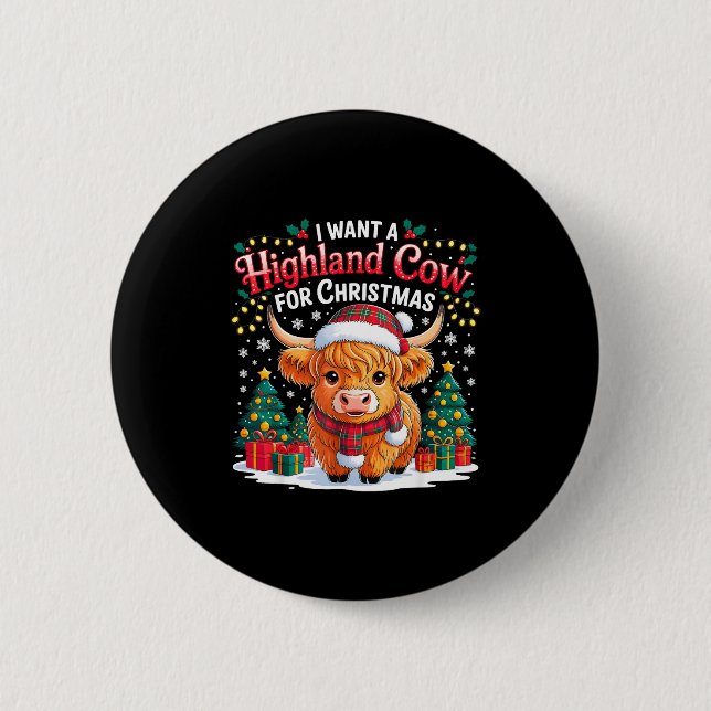 Cute Highland Cow Christmas Funny Santa Lights Hol Button (Vorderseite)