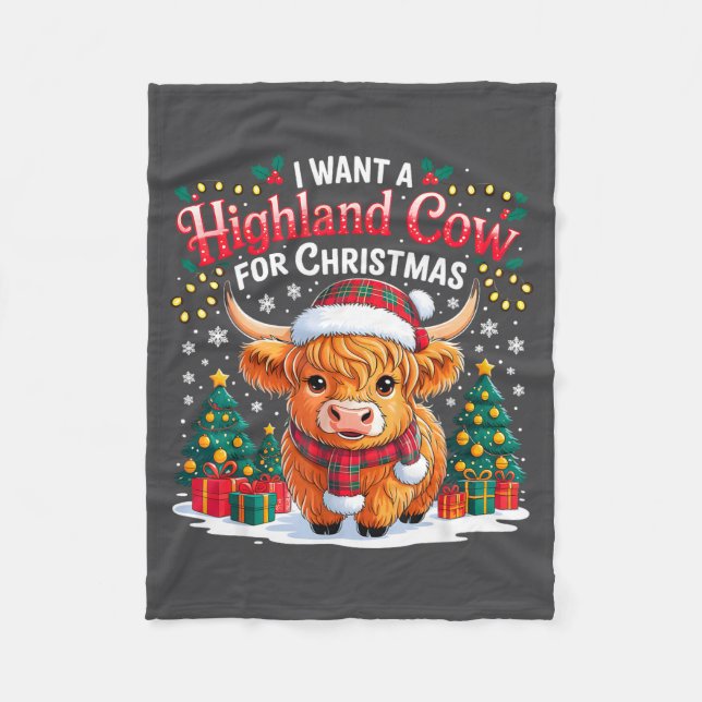 Cute Highland Cow Christmas Funny Santa Lights Hol Fleecedecke (Vorderseite)