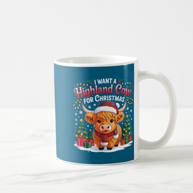Cute Highland Cow Christmas Funny Santa Lights Hol Kaffeetasse (Rechts)