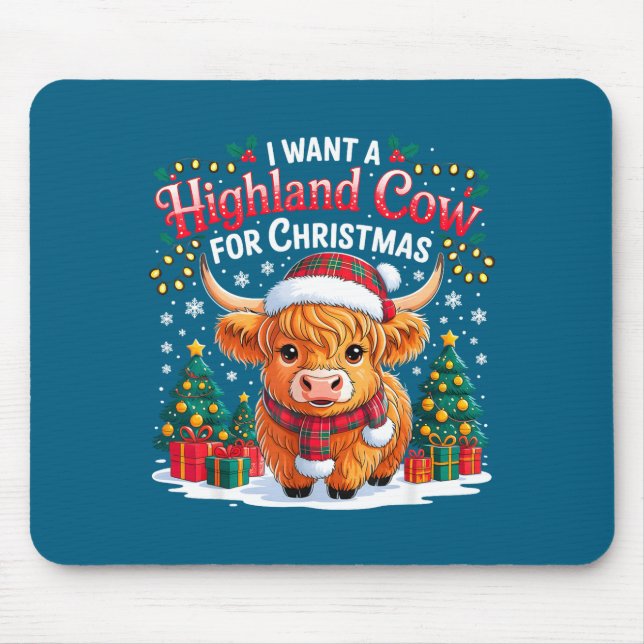 Cute Highland Cow Christmas Funny Santa Lights Hol Mousepad (Vorne)