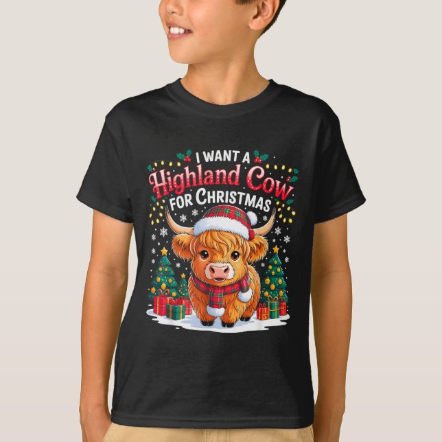 Cute Highland Cow Christmas Funny Santa Lights Hol T-Shirt (Vorderseite)