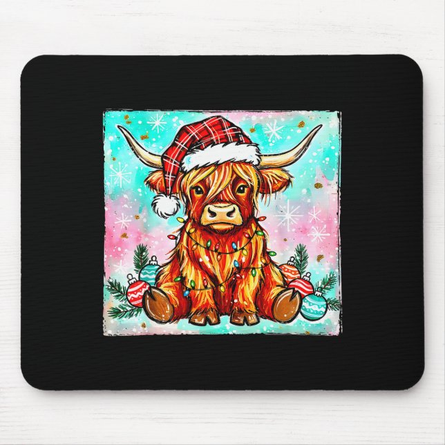 Cute Highland Cow Christmas Lights Merry Xmas Cows Mousepad (Vorne)