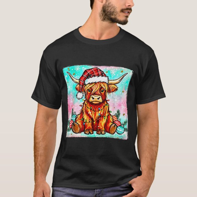 Cute Highland Cow Christmas Lights Merry Xmas Cows T-Shirt (Vorderseite)